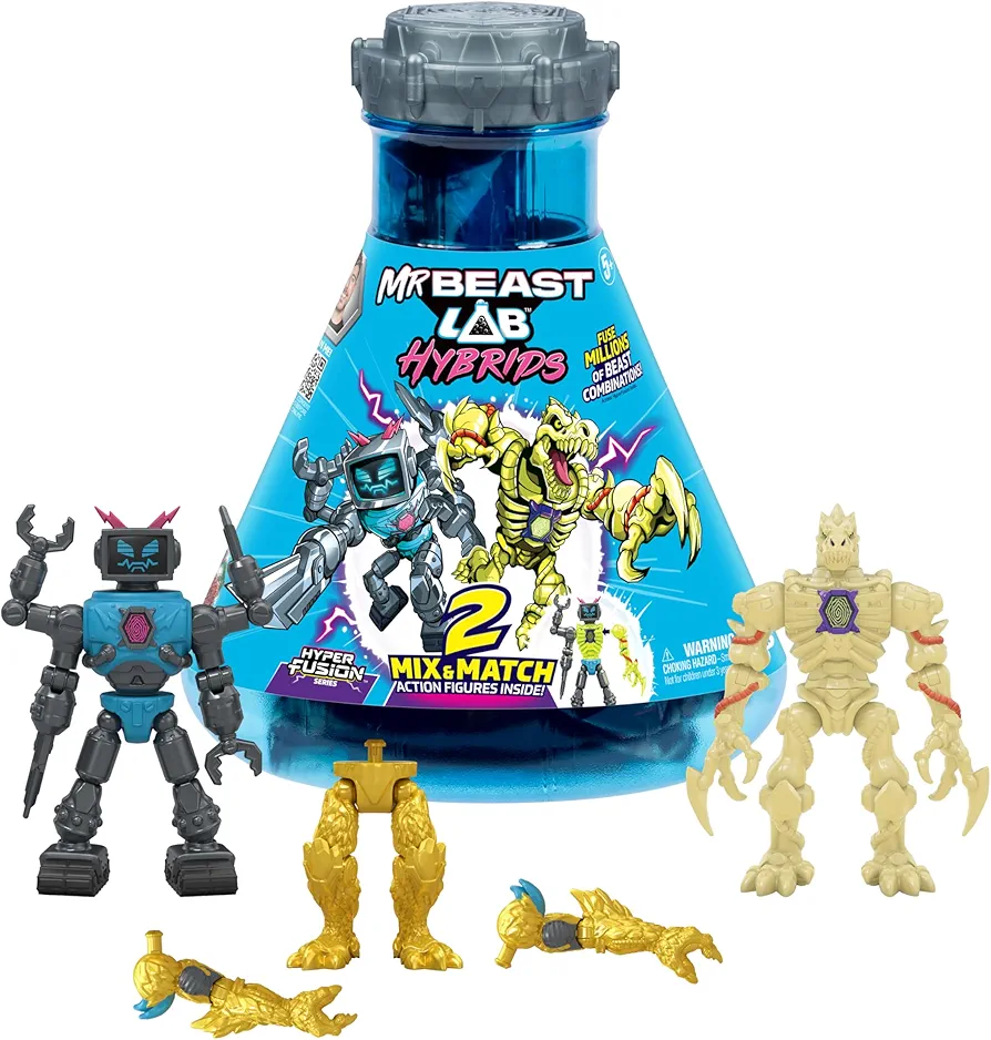 MRBEAST LAB Hybrids Multi Pack, Reveal Different Hybrid Parts to Create 2 Mix & Match Action Figures, Plus Parts of The Golden Panther Dragon, Fuse Beast Combinations, Lab-Bot vs GID Skeleton