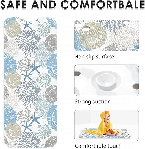 Miniatura 4 de Sea Shells - Tapete de baño antideslizante con diseño de conchas marinas coralinas, estrellas de mar, 40 x 16 pulgadas, extra larga, para bañera,