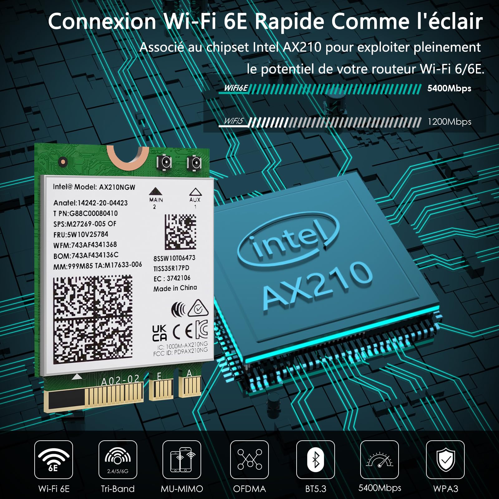 WAVLINK WiFi 6E Carte sans Fil,Intel AX210 Adaptateur Réseau Tri-bande 5400Mbps 2.4GHz/5GHz/6GHz avec Bluetooth 5.3 pour Ordinateur Portable,Latence Ultra-faible,Support Windows 10/11 (64bit) M.2/NGFF