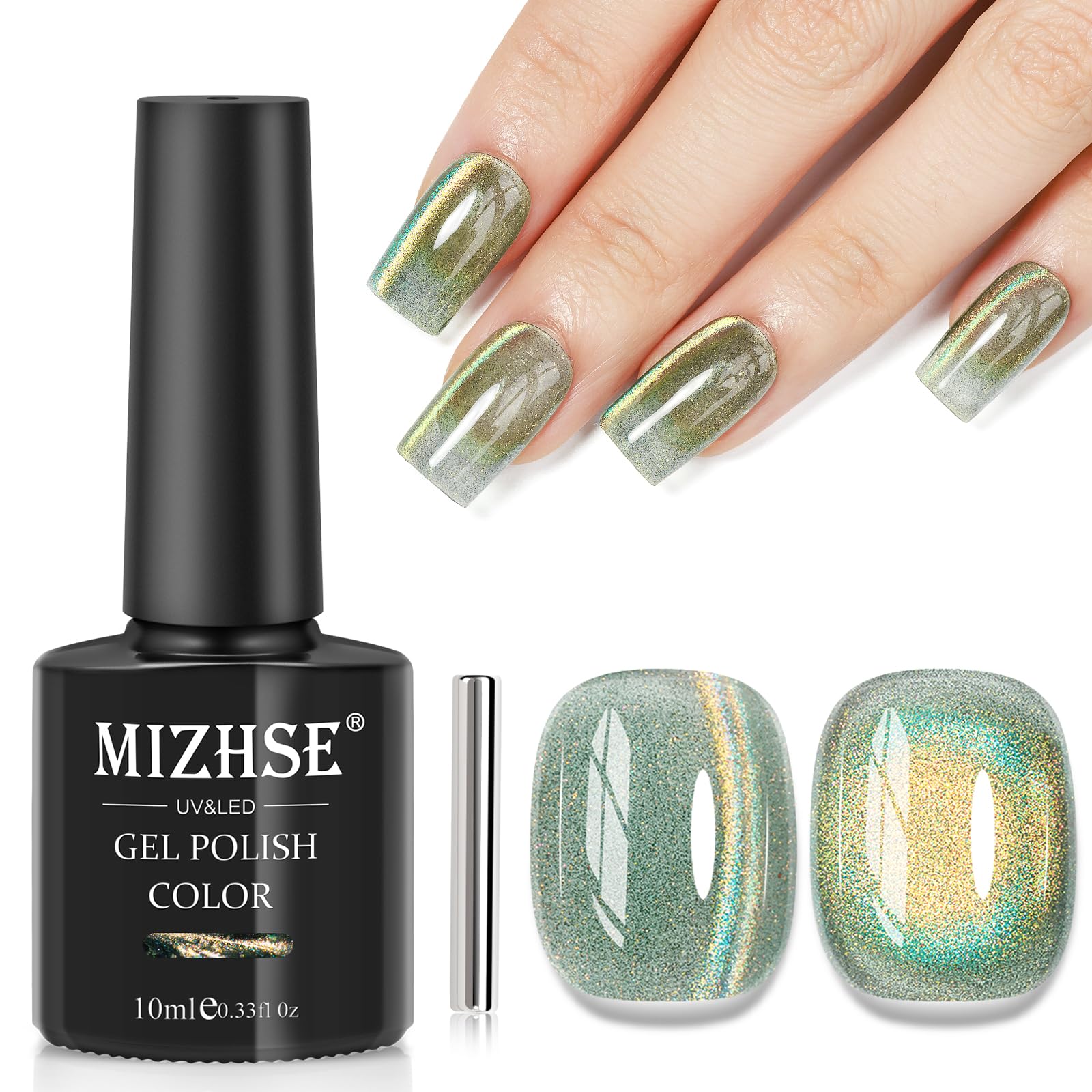 MIZHSE Cat Eye Gel Nail Polish, Green Magnetic Gel Polish with Magnet Stick, Starry Effect Trendy Salon Shimmer Nail French Soak Off Manicure Home
