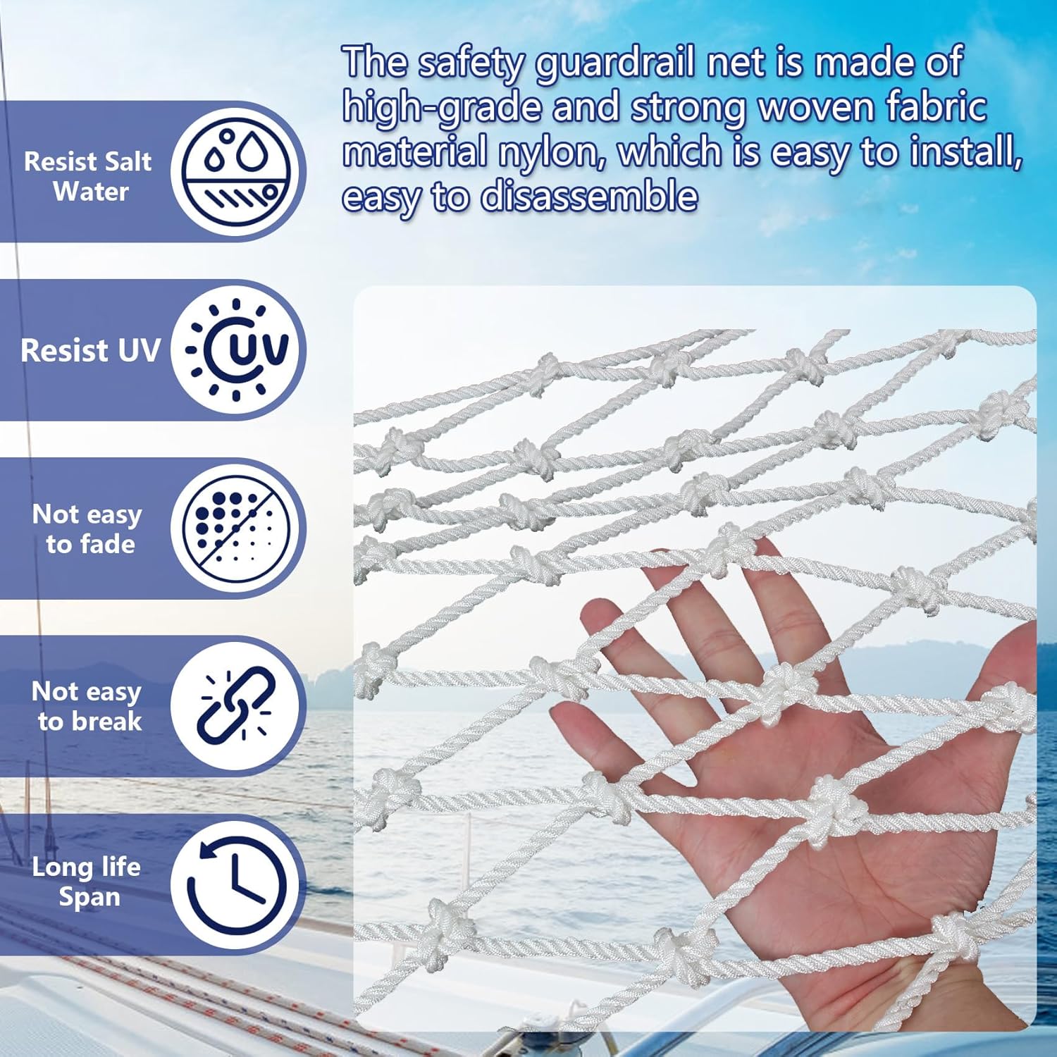 Nylon Boat Safety Lifeline Netting,White Marine 30 ft x 2 ft Boat Safety Netting for Pets Crews and Equipment Safely on Deck Marine Hardware