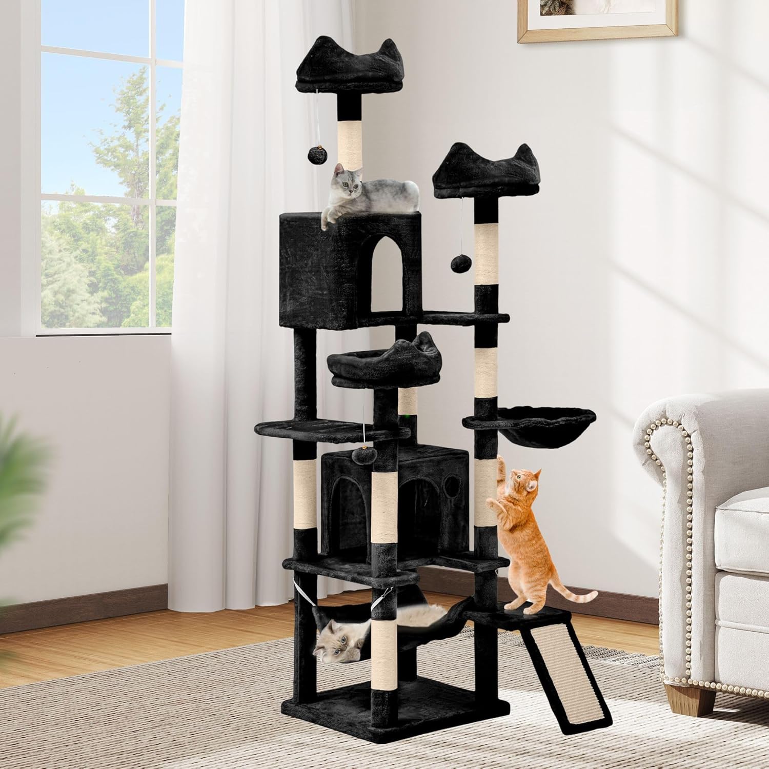 DWVO 75 in Multi-Level Cat Tower: Tall Cats Tree for Indoor Kittens, Pet Furniture with Kitty Condos, Top Perches, Sisal Ramp Scratching Posts, Cozy Basket, Hammocks, Black