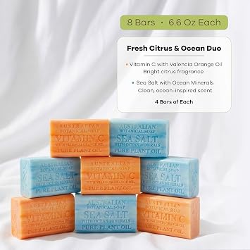 Australian Botanical Soap Variety Pack Includes 4 Valencia Orange and 4 Sea Salt Soap for Face, Hands and Body, Enriched with Shea Butter, Ocean Minerals and Vitamin C