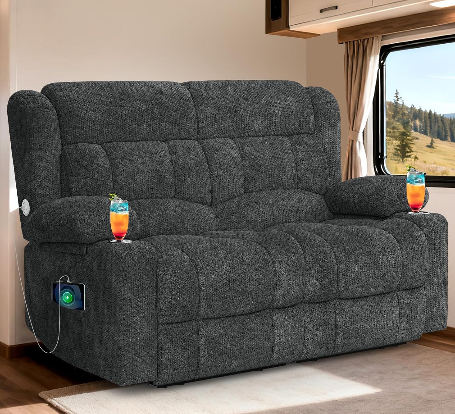 RV Loveseat Recliner Sofa, Reclining Loveseat Home Theater Seating with USB Ports, Cup Holders, Insert Pockets, Wall Hugger RV Recliners for Movie Room, Recline Movie Seats Gaming Sofa, Gray