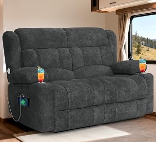 RV Loveseat Recliner Sofa, Reclining Loveseat Home Theater Seating with USB Ports, Cup Holders, Insert Pockets, Wall Hugger RV Recliners for Movie Room, Recline Movie Seats Gaming Sofa