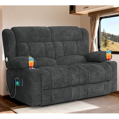 RV Loveseat Recliner Sofa, Reclining Loveseat Home Theater Seating with USB Ports, Cup Holders, Insert Pockets, Wall Hugger RV Recliners for Movie Room, Recline Movie Seats Gaming Sofa, Gray