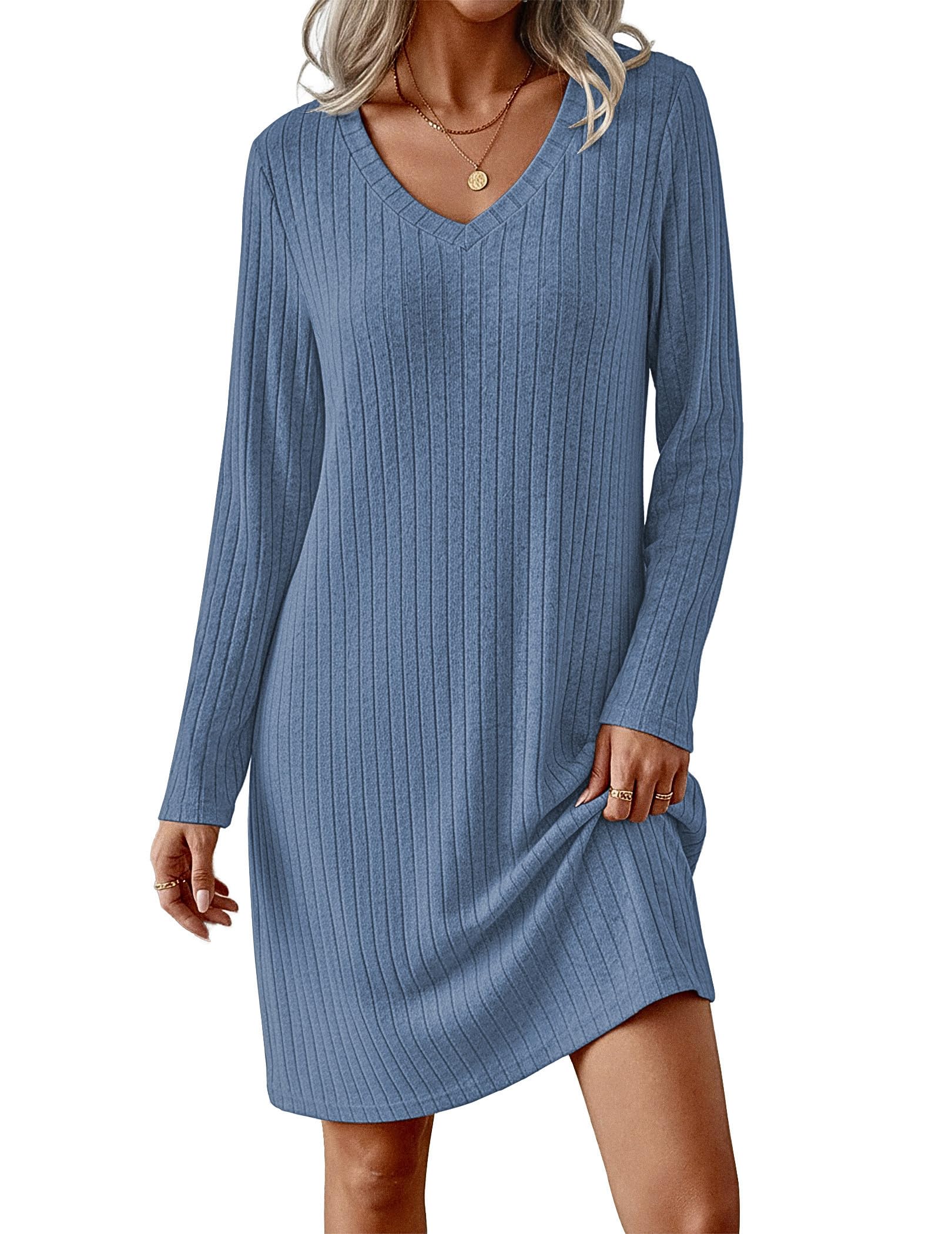 Ekouaer Women's Long Sleeve Nightgown Ribbed Knit V Neck Sleepwear S-3XL