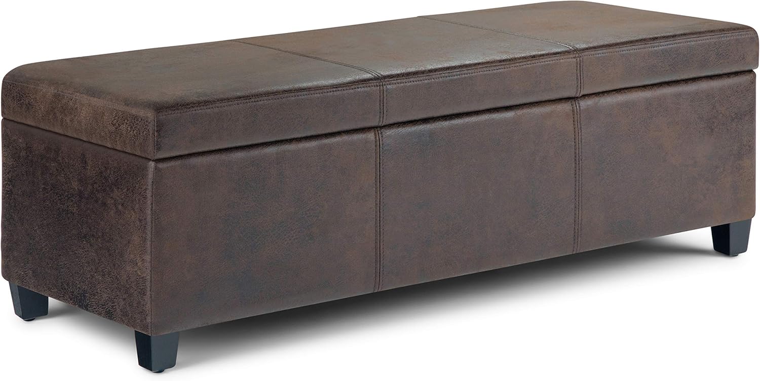 simplihome avalon 48 inch wide contemporary rectangle storage ottoman bench in distressed brown vegan faux leather, for the living room, entryway and family room distressed brown 48 inch
