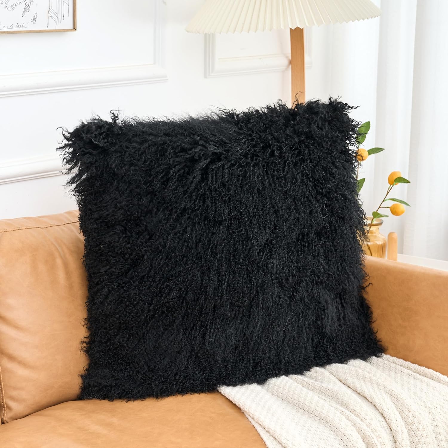 Genuine Mongolian Lamb Fur Pillow Cover – Soft Curly Sheepskin Cushion Case – Decorative Throw Pillow for Sofa, Couch, or Bed Sizes (Black, 22" x 22")