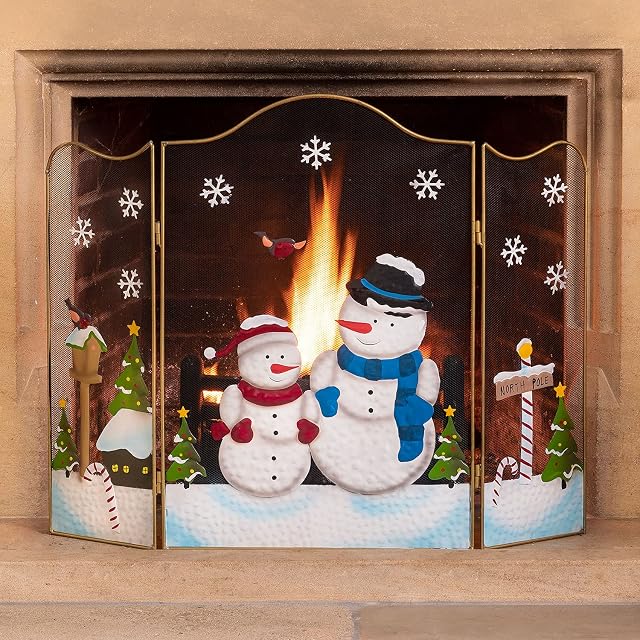 CHRISTOW Christmas Fireguard Large Fireplace Screen, Arched Metal Mesh Fire Screen H61cm (Snowman)