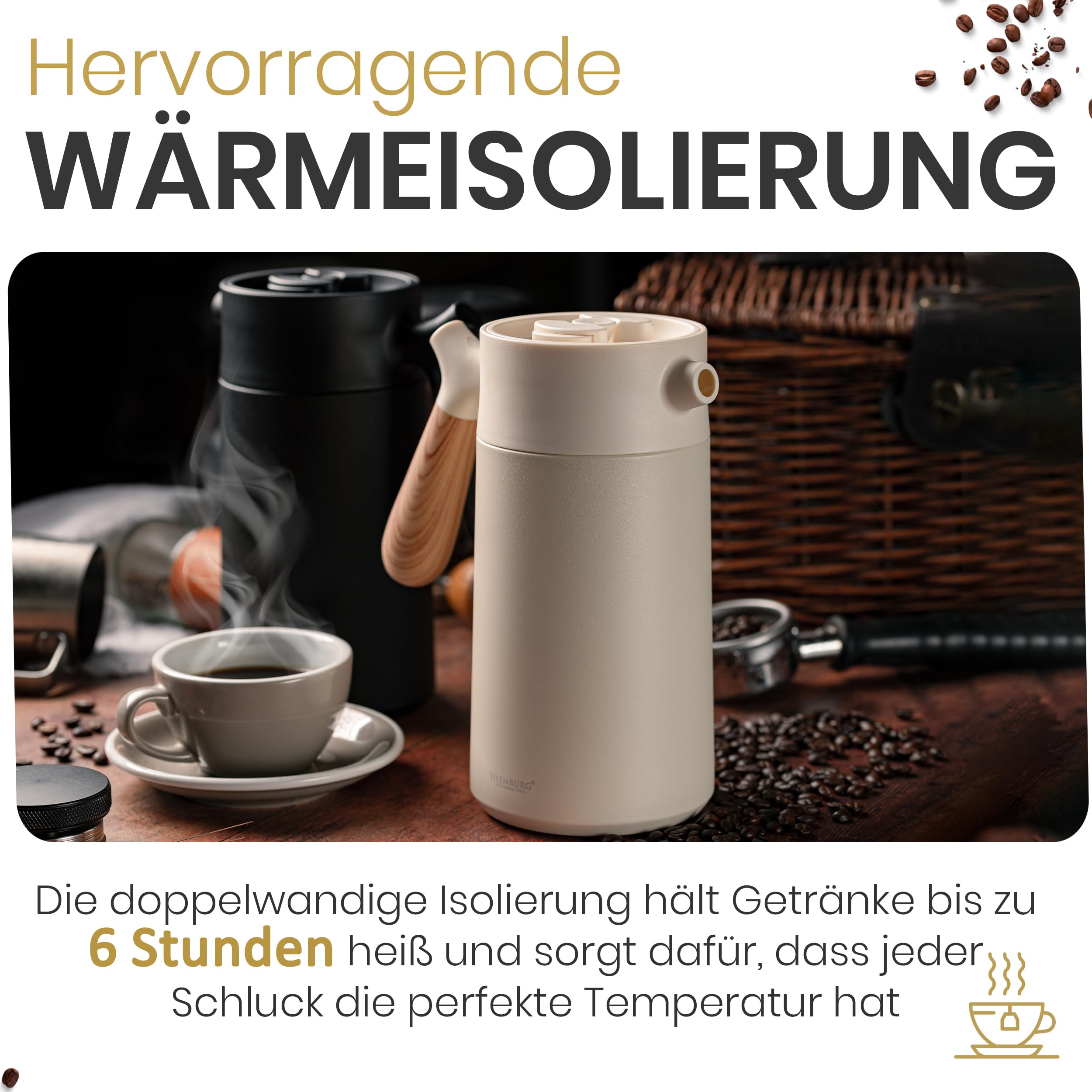 HEEMBURG Thermo French Press 1L (8 Tassen) | Premium Edelstahl Kaffeepresse & Teebereiter | 6h Doppelwandige Isolierung | inkl. Ersatzfilter & Bambuslöffel Geschenkset | Zuhause, Büro & Camping – Weiß