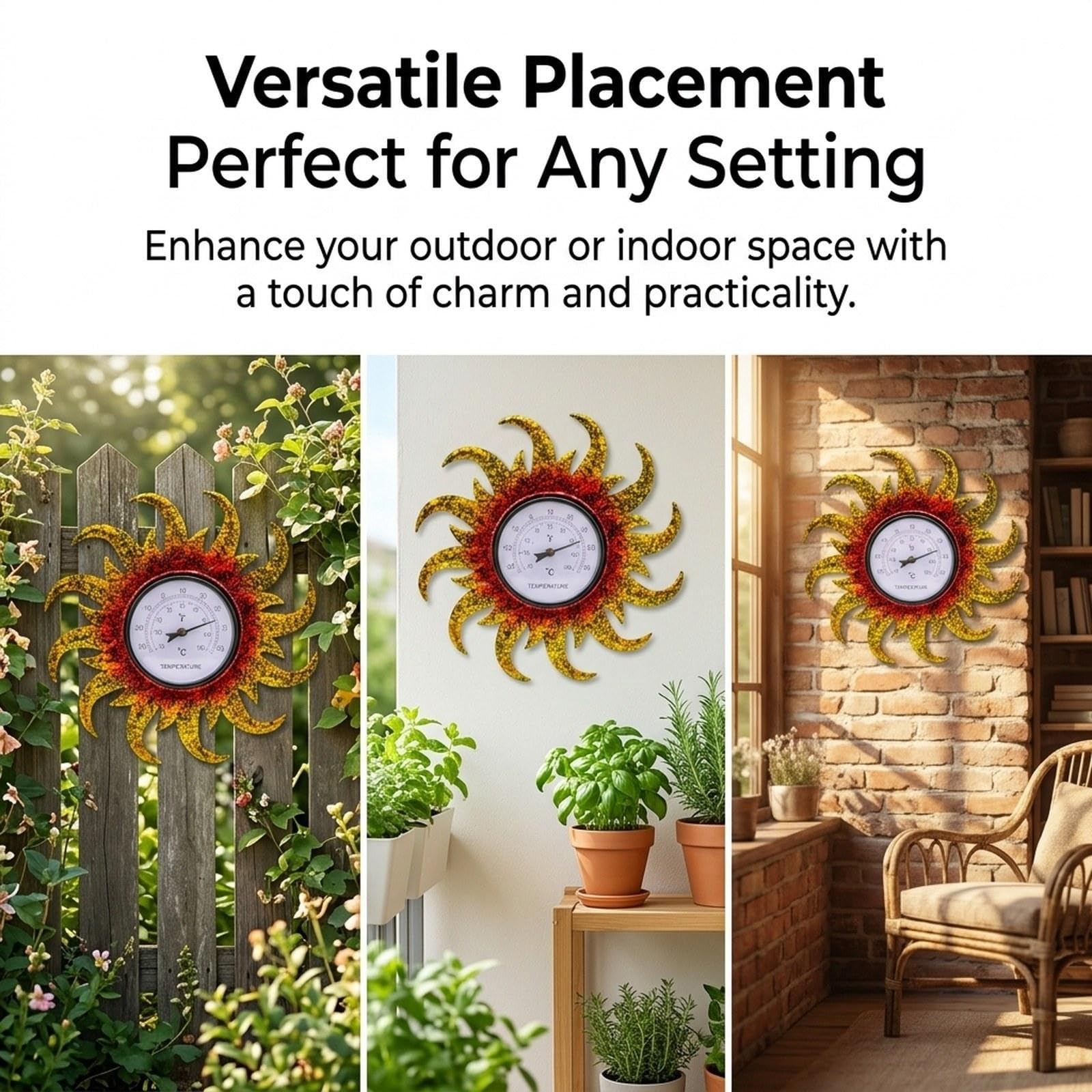 KESOTO Termometro da esterno decorativo in ferro, diametro 38 cm, ornamento decorativo da esterno a forma di girasole, termometro da parete per balcone e, a