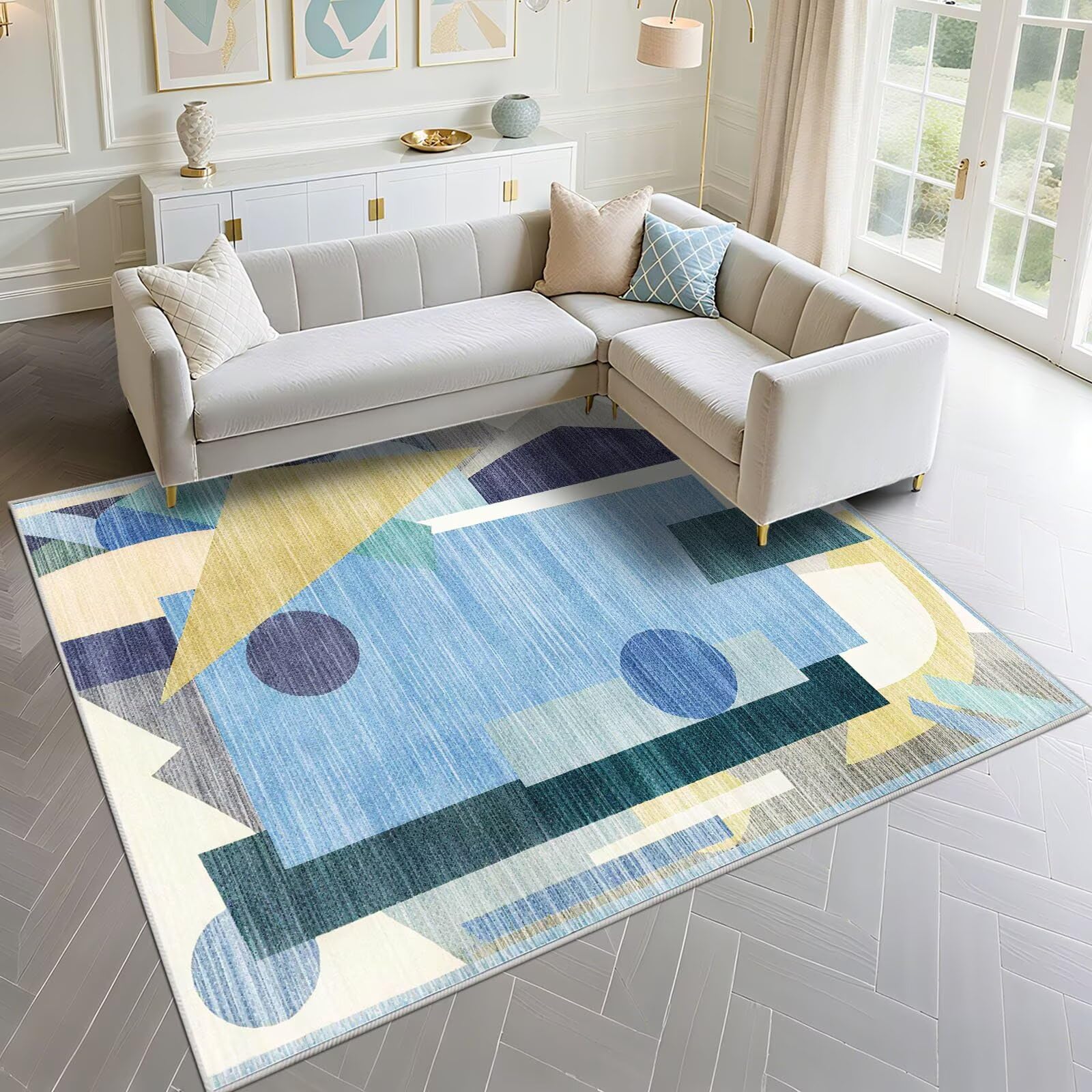 Tapis géométrique abstrait bleu 90x120 lavable et anti-glisse