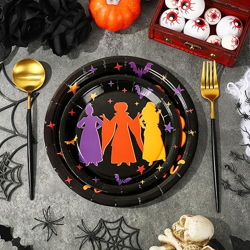 Miniatura 6 de Whaline Juego de 40 platos de papel de Halloween con diseño de bruja Hocus Pocus, platos desechables para fiesta de Halloween, vacaciones, cena,