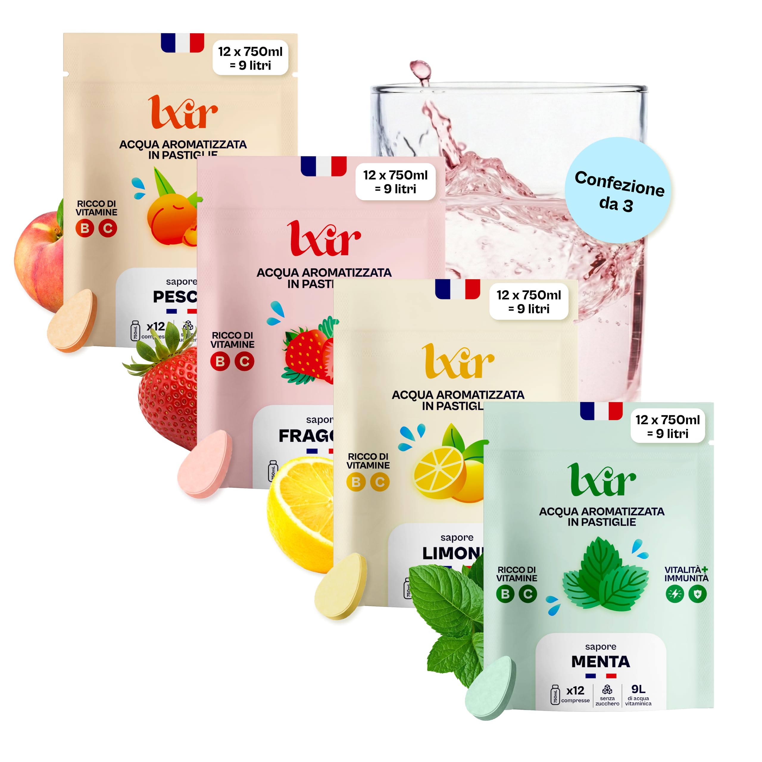 LXIR DRINK – Compresse per acqua aromatizzata senza zucchero – Bevanda multivitaminica – Vitamine C e B – Idratazione quotidiana – Bellezza della pelle – 48 compresse (Limone/Pesca/Menta/Fragola)