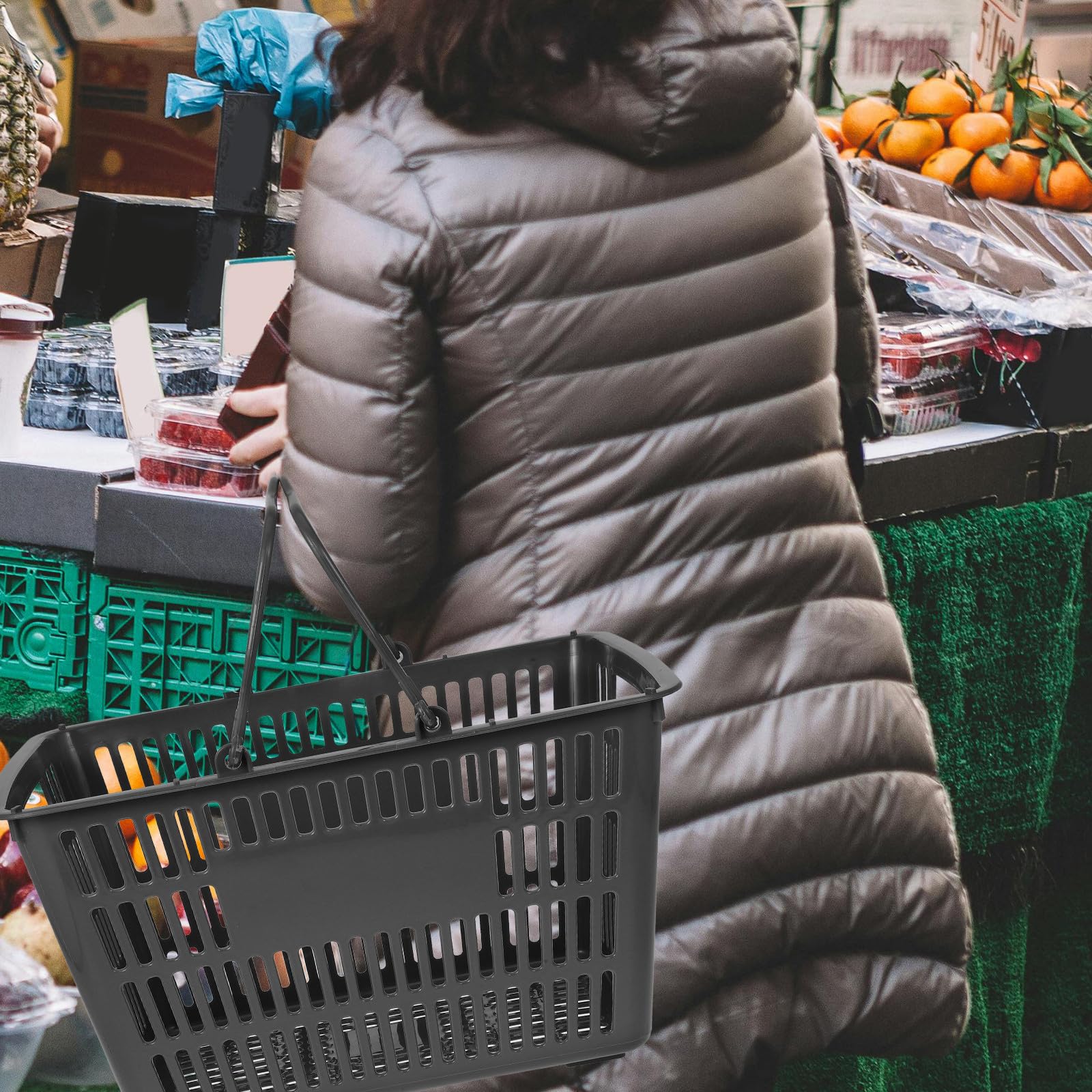 DOITOOL Tragbarer Aufbewahrungskorb aus Kunststoff mit Zwei Klappbaren Griffen Organizer für Badezimmer und Küchenartikel 18 Liter Grau Vielseitiger Einkaufskorb für Supermarkt