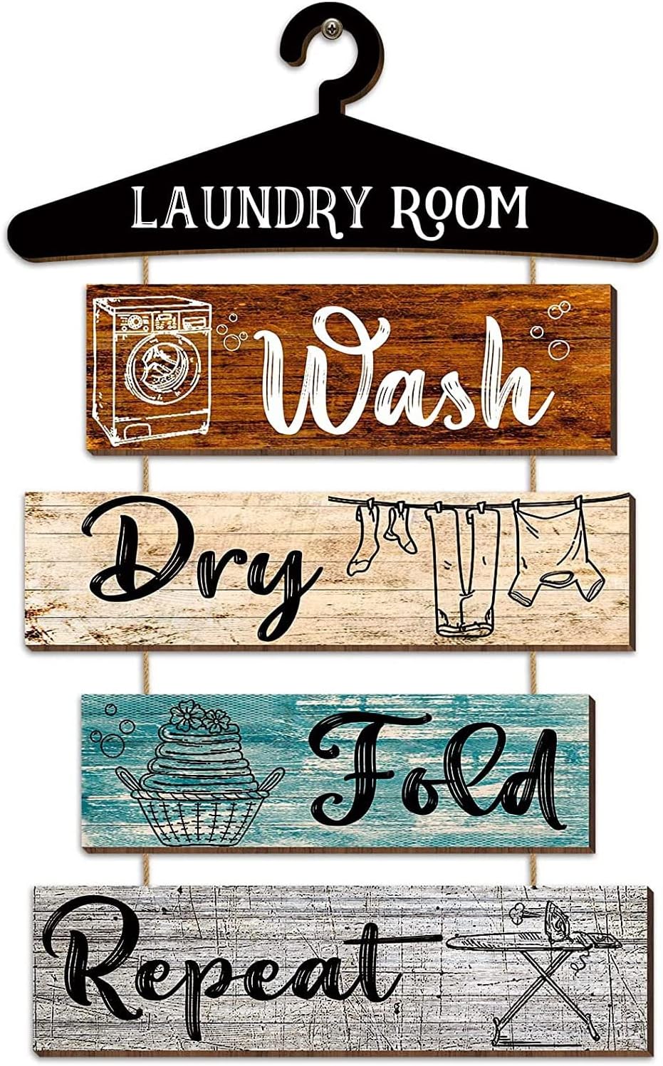 Terrifi Laundry Room Wall Sign 5 Pieces Rustic Rules Hanging Wooden Wash Dry Fold Repeat Plaque Vintage Farmhouse Decororation 19.7X11 Inch