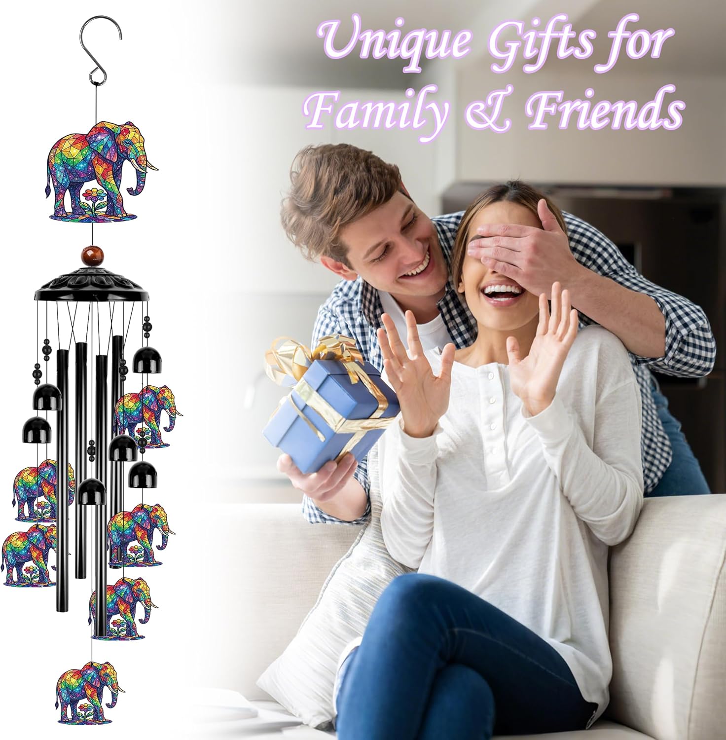 Mothers Day Elephant Gifts for Women, Colorful Elephant Wind Chimes for Outside, Outdoor Windchime for Home Garden Patio Porch Yard Decor