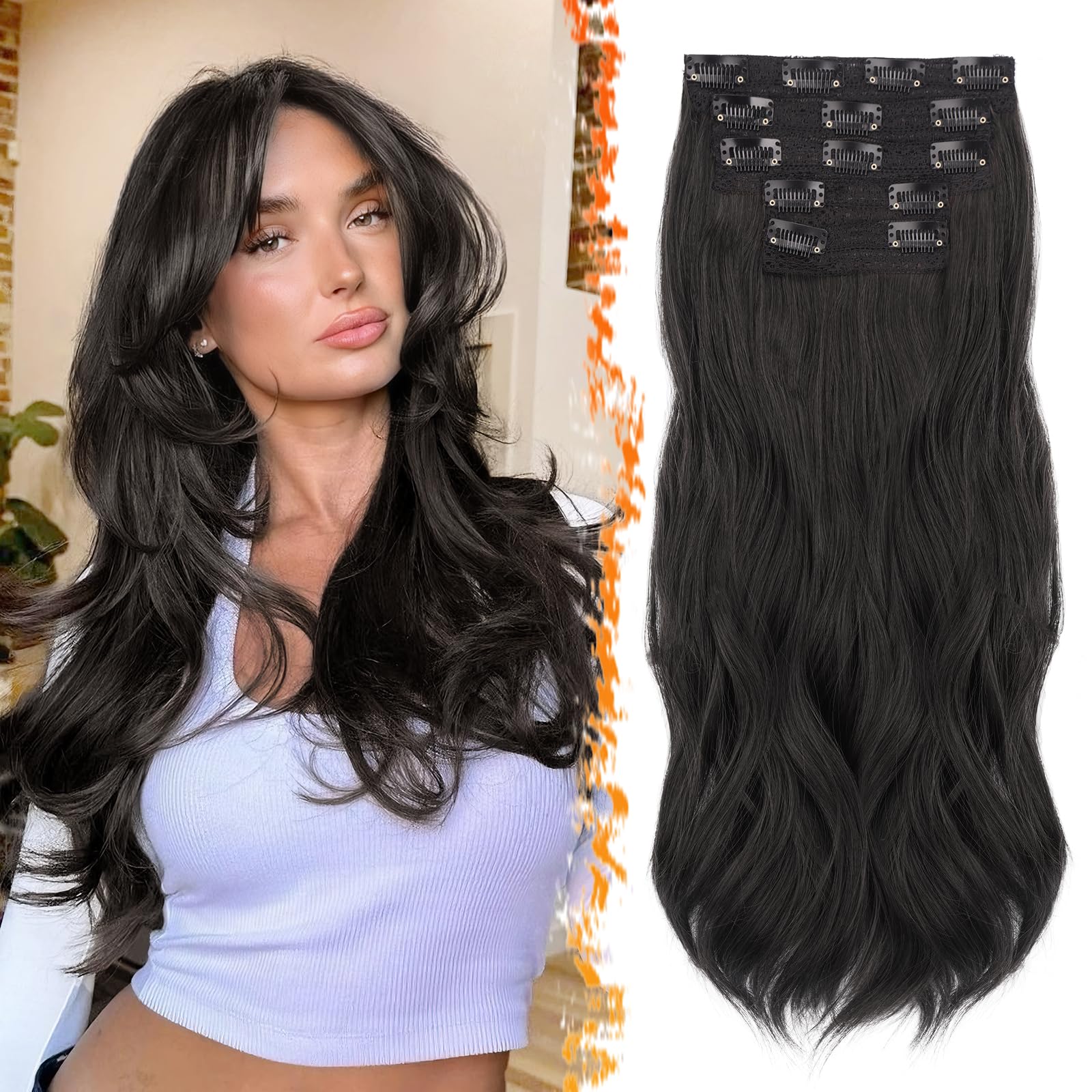 BARSDAR Clip in Extensions Schwarz Braun, 50cm Wellige Clip in Haarverlängerungen für Frauen 5PCs Voller Kopf Hair Extensions Synthetisches Haarteil Haarextension - Schwarz Braun