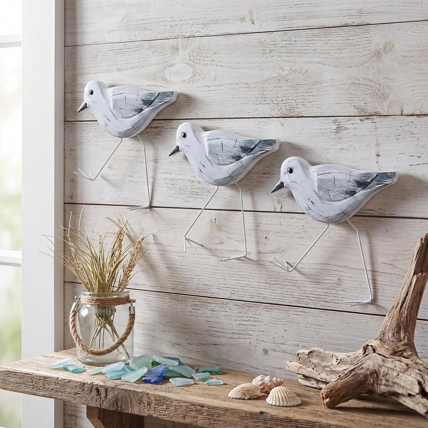 Pelopy 3 Pcs Wood Sandpipers Wall Decor Coastal Wall Decor Sandpiper Coastal Beach Decoration Hanging Driftwood Decoration Sandpiper Sculpture Sea Birds Ocean Vintage Ornaments for Home Bathroom