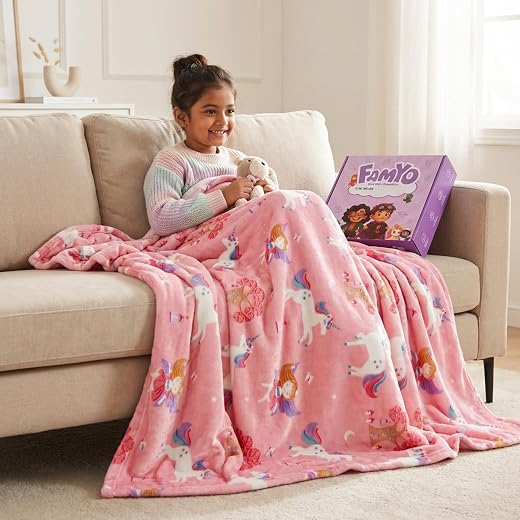 Famyo® Unicorn &amp; Fairy Glow Blanket for Gifting for Kids | Birthday Gift for 0-15 yrs | AC Blanket for Children | Return G