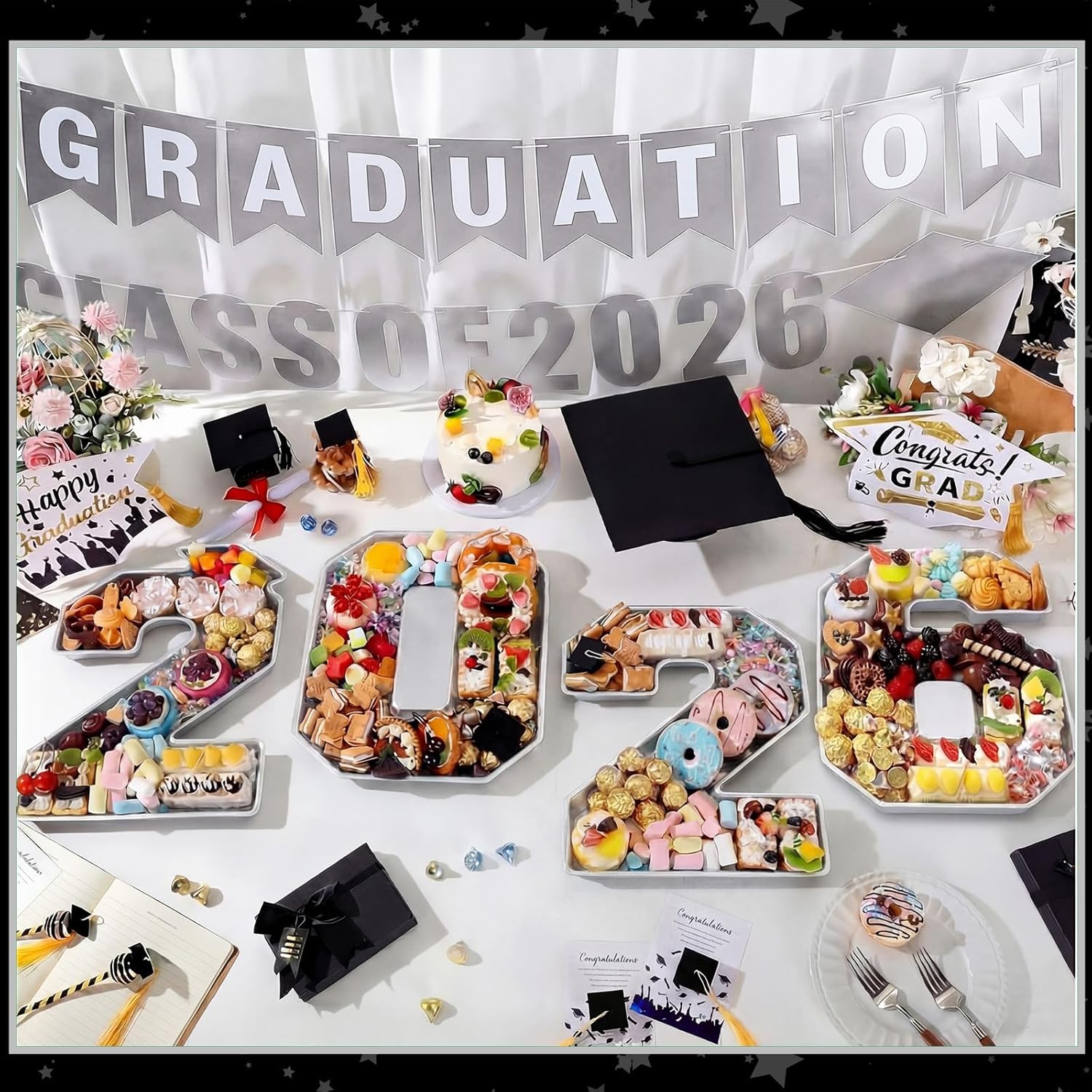 Tellingyou 4 Pcs 13.7" 2026 Graduation Number Fillable for Charcuterie Disposable Mache Box Chocolate Candy Tray Grad Container Decoration(Silver,2026)