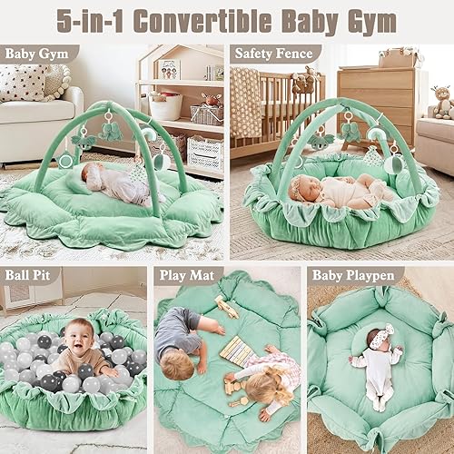 Vista 9 de Gimnasio de peluche 5 en 1 para bebés, tapete para el tiempo de barriga, tapete de juego, gimnasio para bebés, tapete de actividades con gimnasio