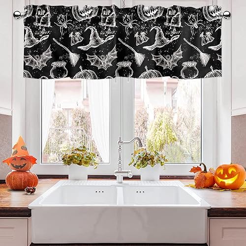 Cortina de cenefa de Halloween para cocina, cenefa de ventana vintage de calabaza, araña, bruja negra, para sala de estar, cenefas con bolsillo para