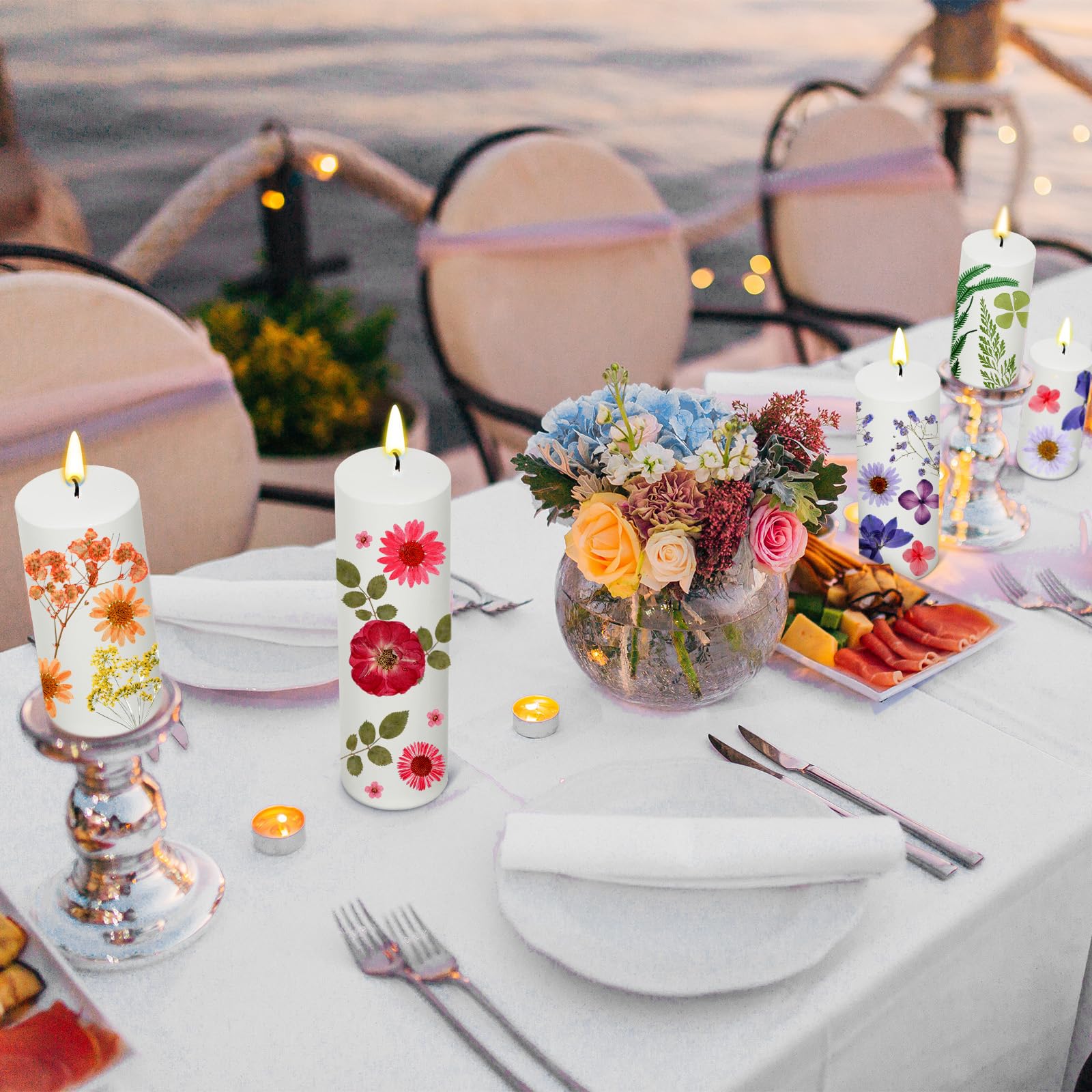 MTLEE 24 Pack Dried Pressed Flower Candle Painting Kit 6 White Pillar 6 Dried Pressed Flower 10 Tealight Candle with Tweezer Brush for Girls Night Birthday Wedding Party DIY Crafts Decor(4/6/8 Inch)