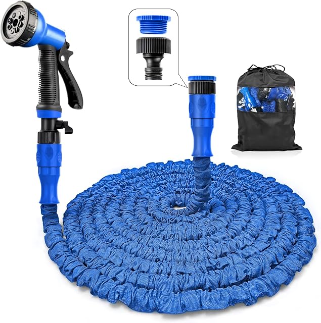 Garden Hose Pipe 50 FT Expandable Garden Hose with 3/4", 1/2" Fittings, Anti-Leakage - Flexible Expanding Hose with 8 Function Spray Nozzle by Homoze (50FT, Blue)