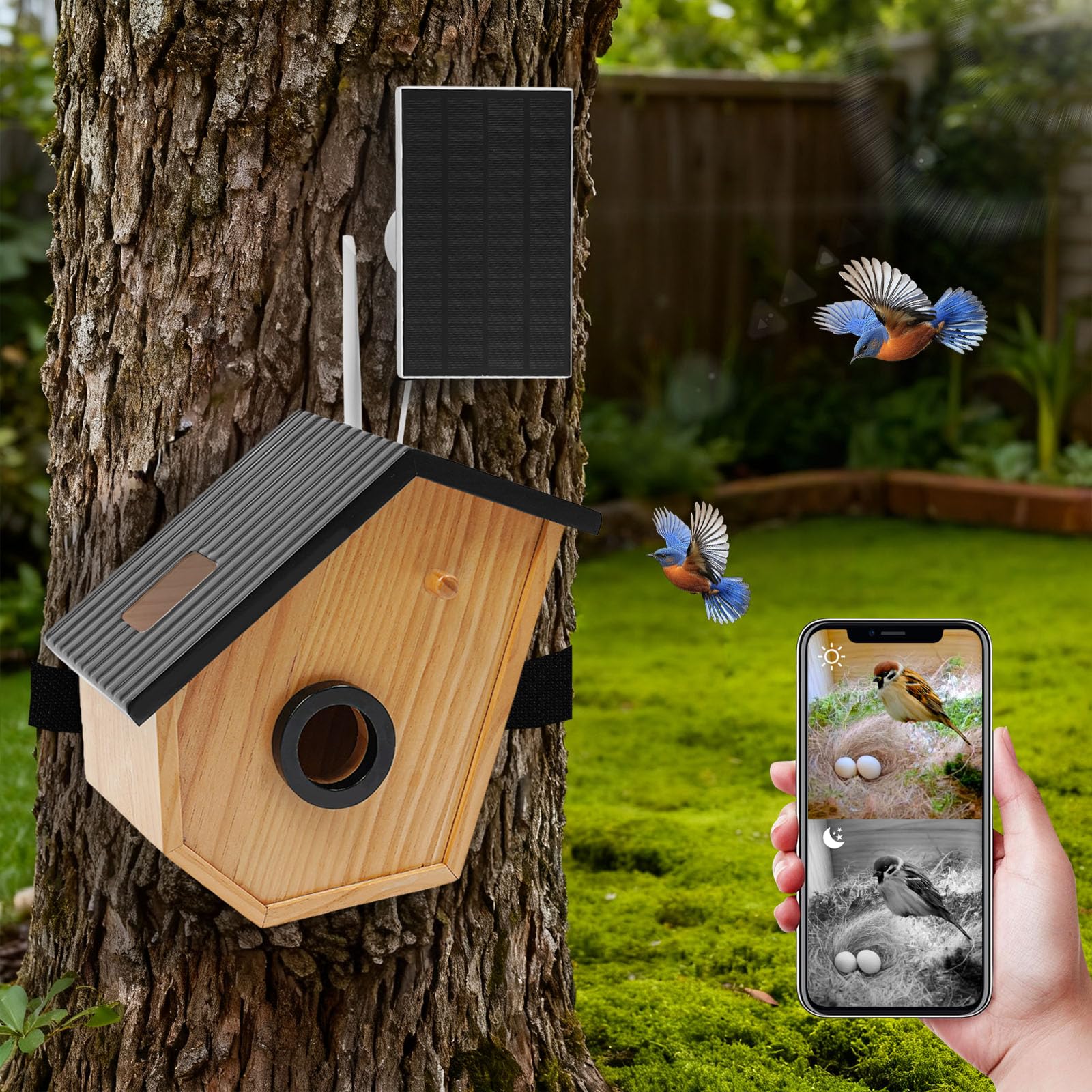 Pájaro inteligente con vigilancia interna, nido de pájaros con cámara solar con detección de IA, IP65 comedero para pájaros, caja nido, caja de observación de aves, modo de visión nocturna de