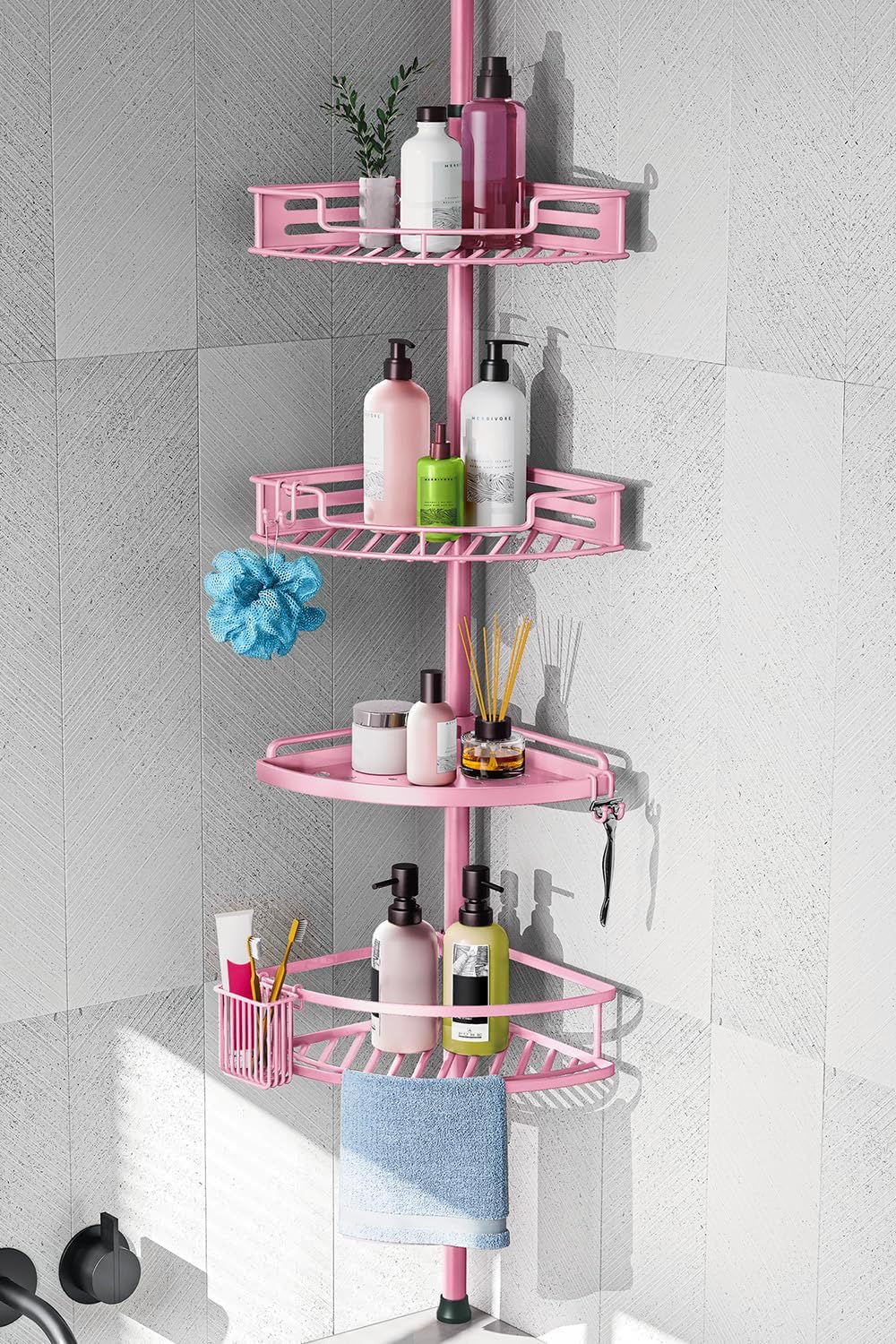 HAMITOR Corner Shower Caddy Tension Pole: Quick Installation 4-Tier Rustproof Bathroom Organizer Shelves for Bathtub Shampoo Storage - 47-121 inch Adjustable Floor Standing Bath Rack Holder - Black