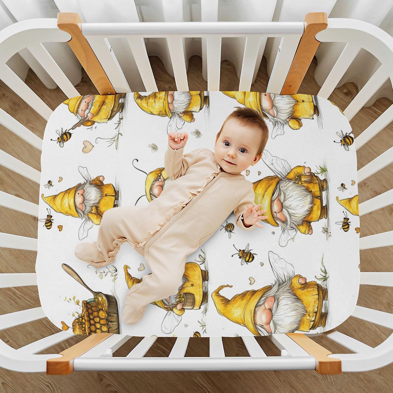 Yellow Gnome Bees Crib Sheets Soft Breathable Fitted Baby Crib Sheets Mattress Cover for Girls Boys, 52" x 28" x 9"