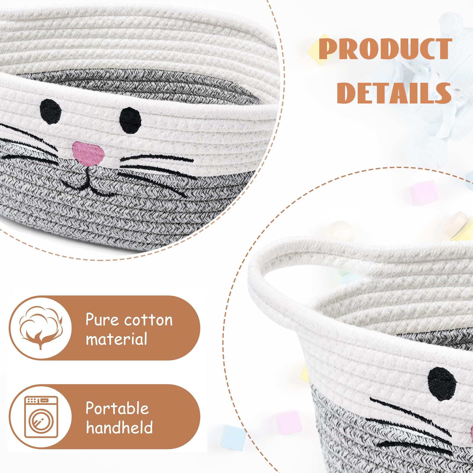 Calkkrer Grey Braided Cotton Rope Basket with Handle, Cute Storage Basket for Nursery Gift Basket, Toy Storage for Dogs and Cats - Image 3