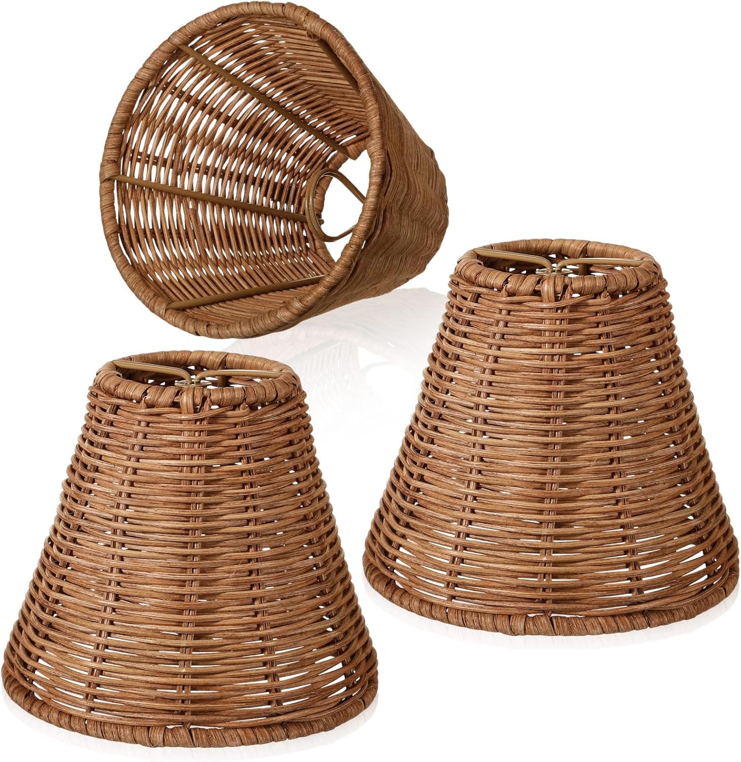 Rattan Lamp Shade Set of 3 Natural Rattan Clip-on Chandelier Lampshade Mini Handmade Woven Vintage Boho Farmhouse Wicker Table Light Cover for Candle Bulb (3.15" Top x 6" Bottom x 5.3" Height)