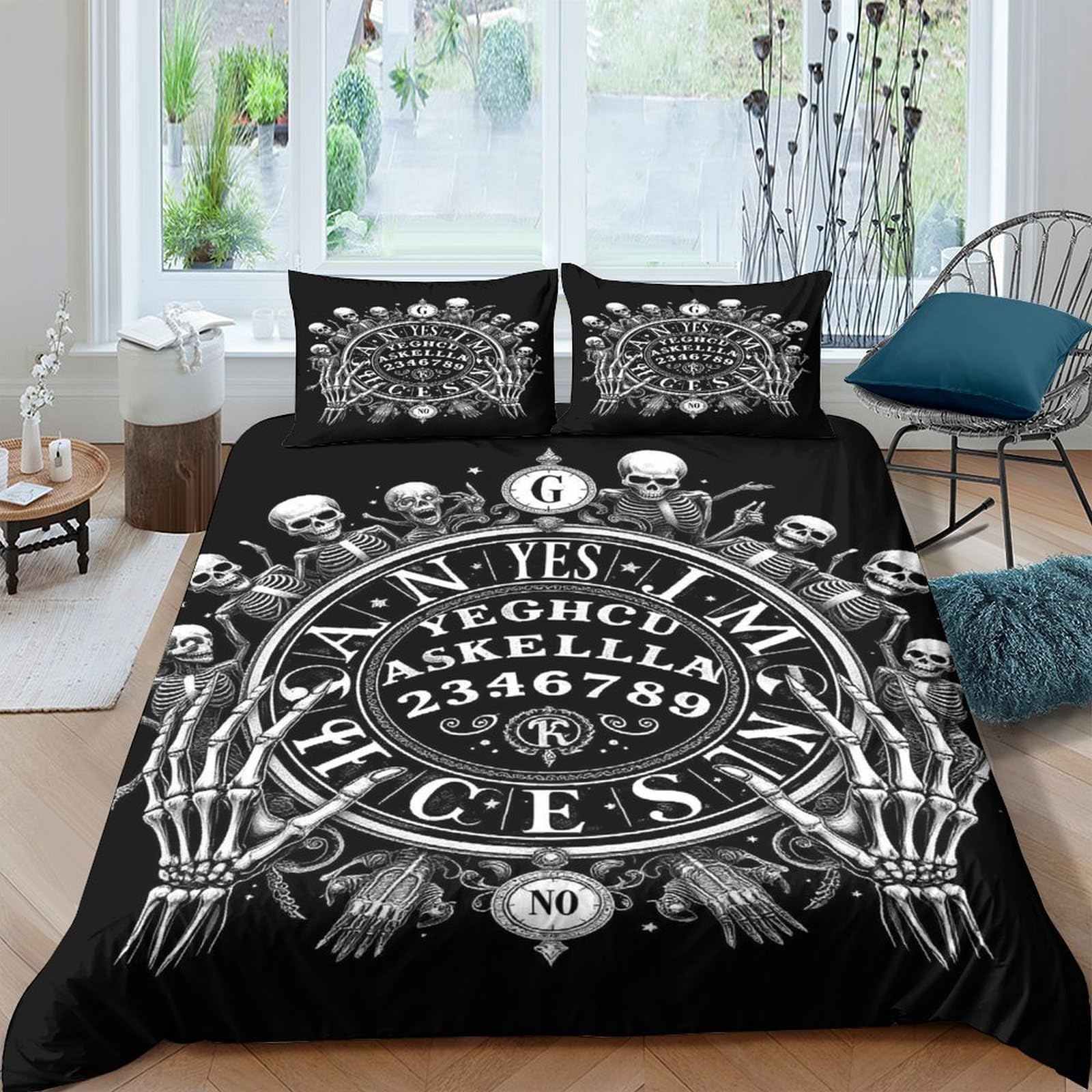 Ctjqhvkz Style-6 3D Printed Gothic Ouija Fitted Sheet Microfiber Black Skeleton Bed Cover For Bedroom Dorm Mattress Protection Decor Single（135X200cm）