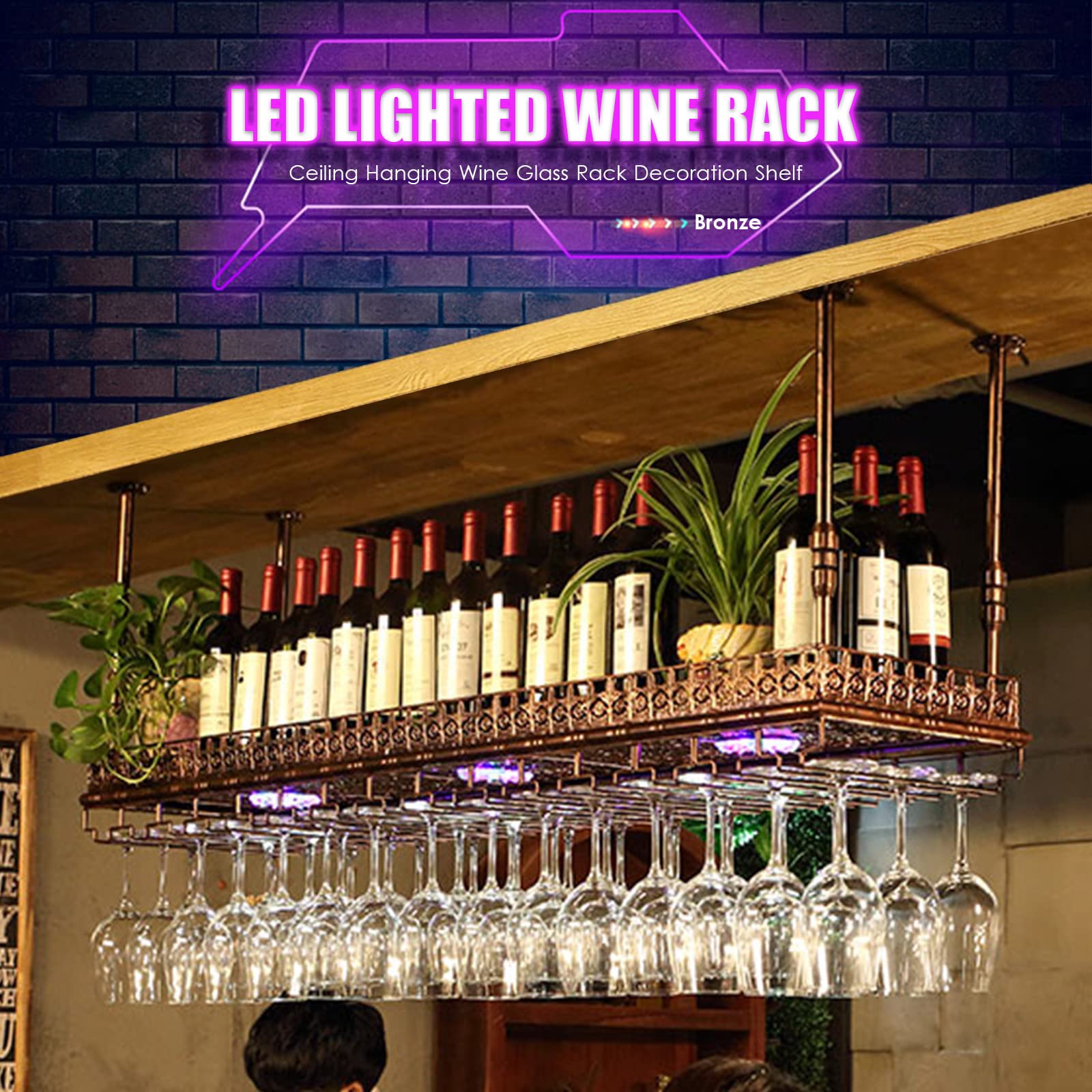 Portabottiglie da Appendere Capovolto, Porta Bicchieri da Vino, Altezza Regolabile 30-60 cm, espositore per Bar, ristoranti e cucine.