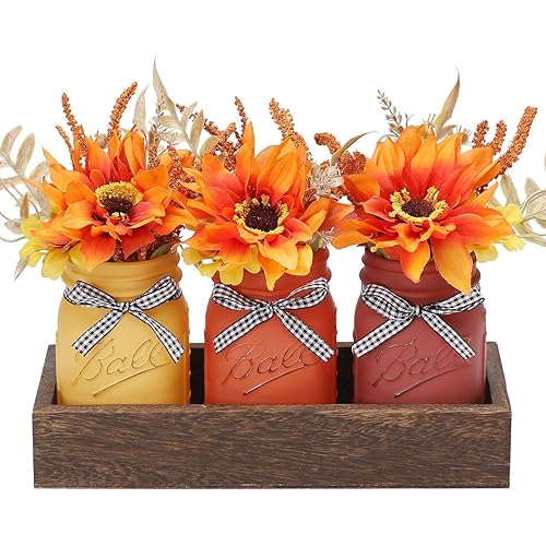 Thanksgiving Fall Mason Jar Centerpiece for Table with Wood Tray & Artificial Flowers, Set of 3 Mason Jars Farmhouse Painted Decorative Jars for Thanksgiving Home Decor, Kitchen Table Centerpiece