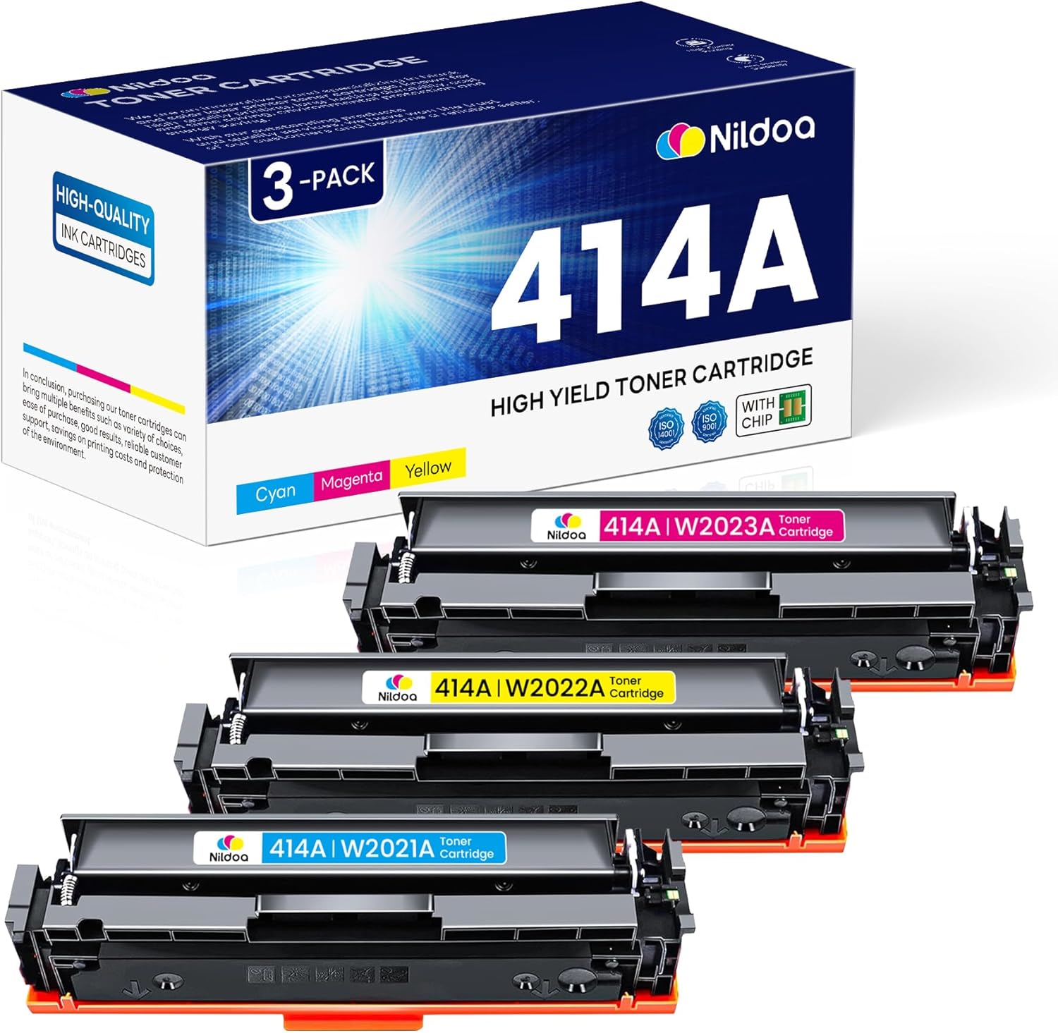 414A Toner Cartridges 4 Pack with Chip Replacement for HP 414A Black Cyan Yellow Magenta Color Enterprise M455dn MFP M480f; Color Pro M454dn M454dw MFP M479fdn M479fdw Printer