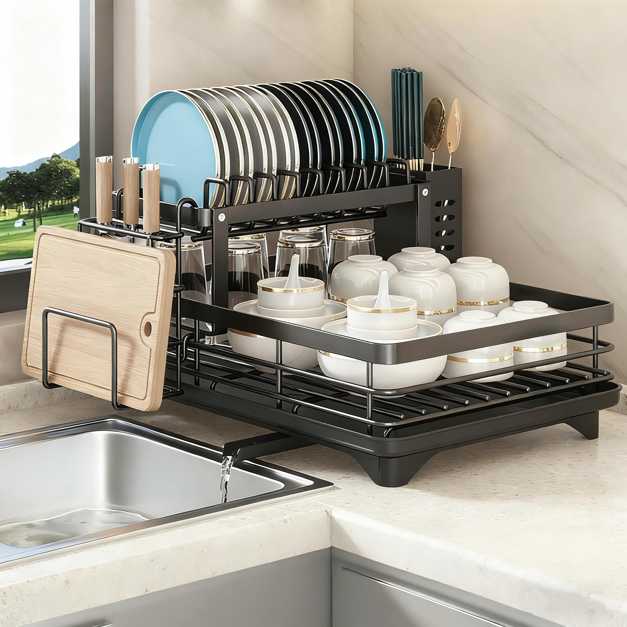 Dish Drying Rack 2-Tier Auto Draining for Kitchen Counter & Sink, Black
