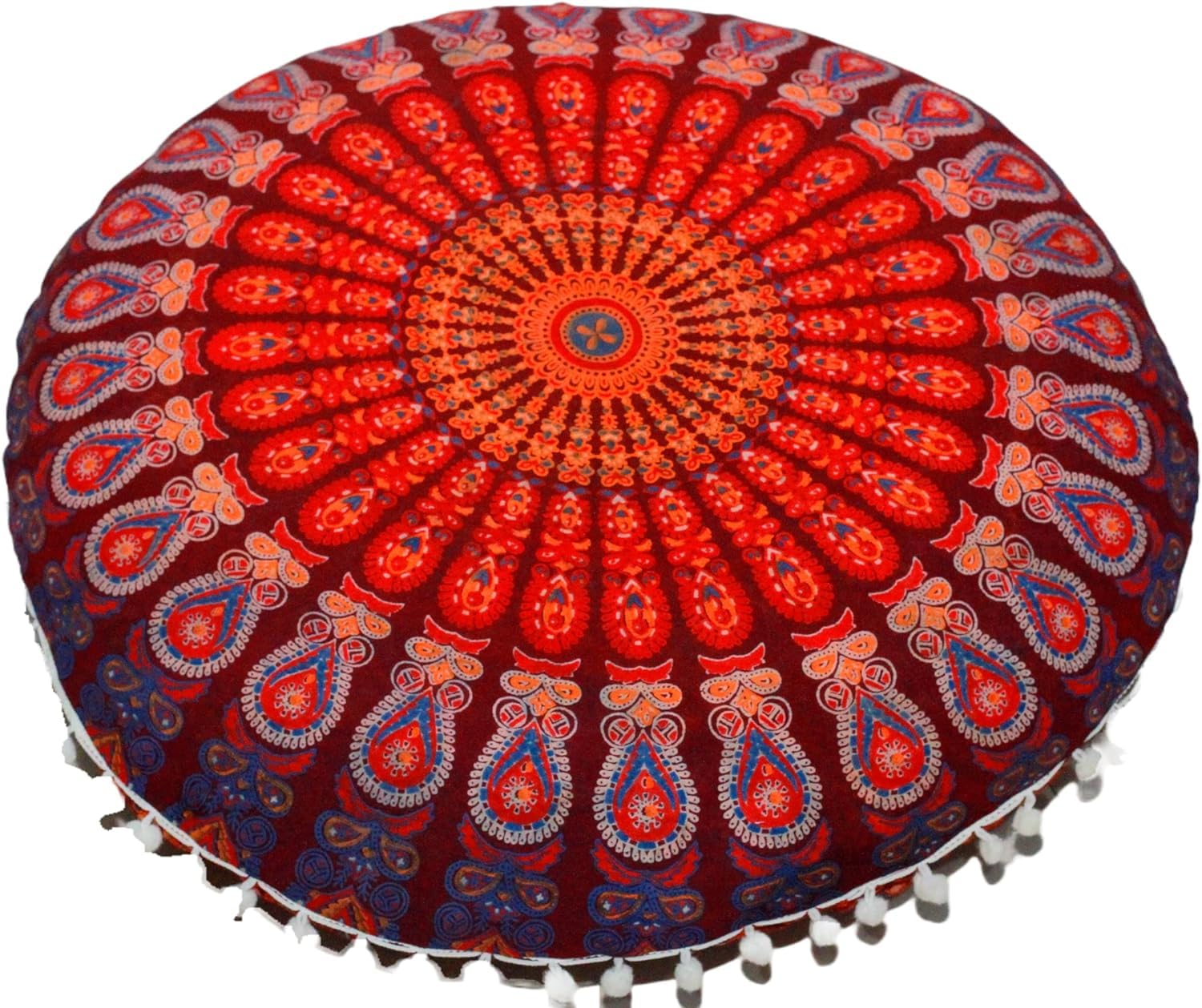 Ava Collections Peacock-Orange 32" Mandala Large Floor Pillow Cover Meditation Cushion Seating Throw Hippie Round Colourful Decorative Bohemian Accent Boho Chic Dog Bed Indian Pouf Ottoman Handmade Cover Only (Peacock-Orange)