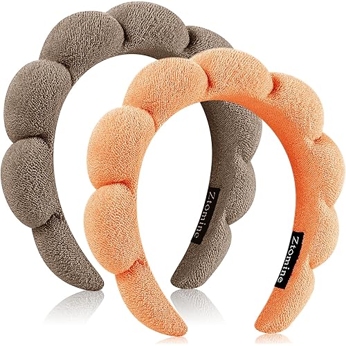 Terry Cloth Spa Headbands for Washing Face, Set of 2, Dark Khaki + Orange, Absorbent, Soft, Comfortable, Makeup Headbands for Face Washing, Mask
