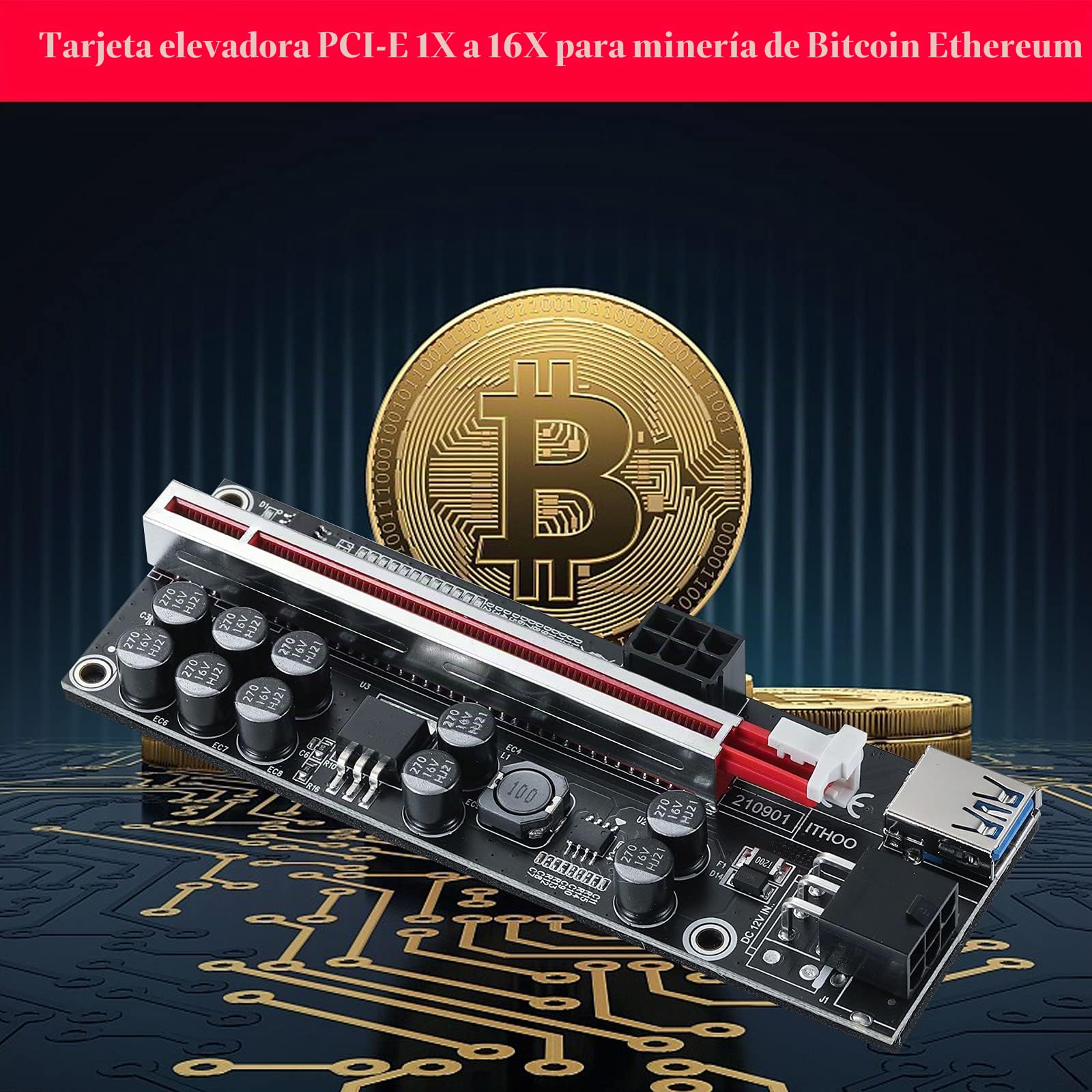 PCIe Riser 1X a 16X Riser Card - Tarjeta adaptadora de Elevador V011-PRO con Cable de Extensión USB de 60cm - GPU Riser Card for Riser Mineria Bitcoin Ethereum Mining (V011-PRO 6 Pack)