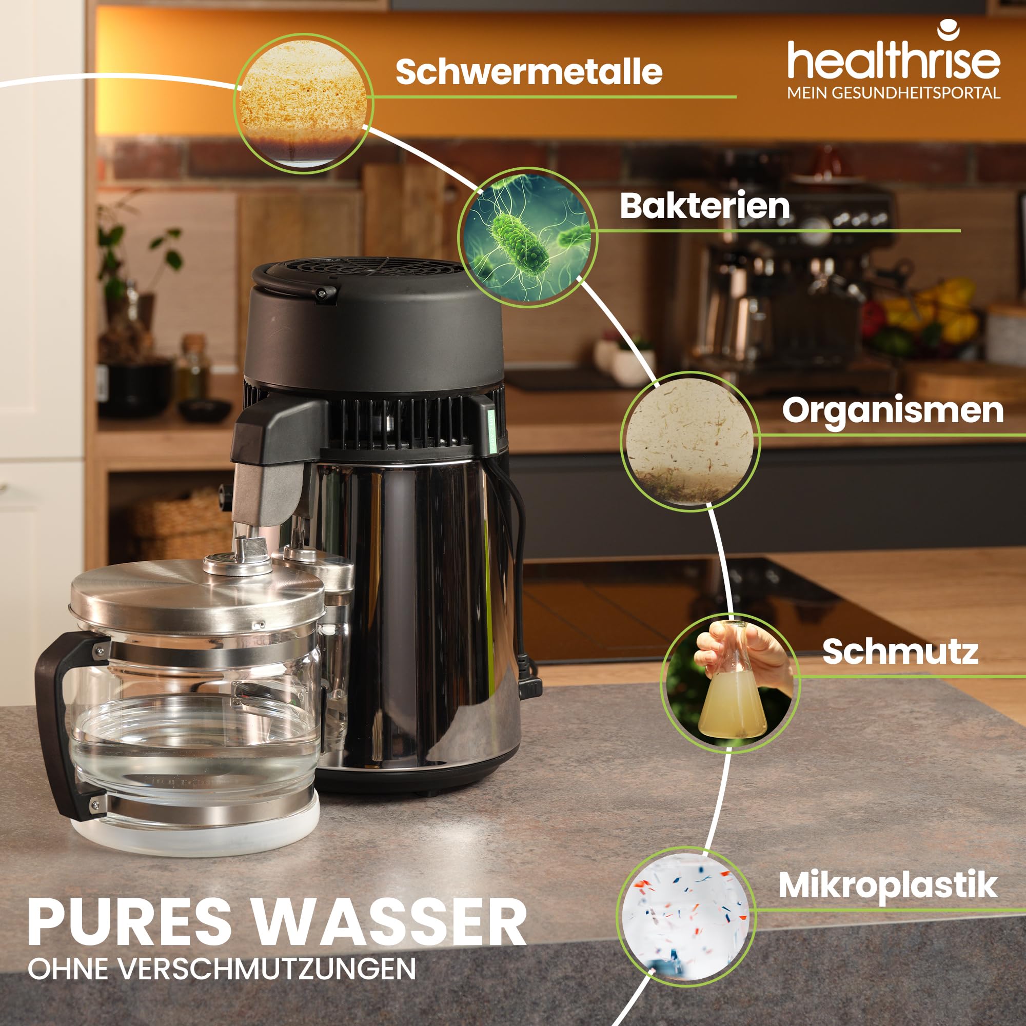 Health Rise Wasserdestilliergerät mit Deutscher Bedienungsanleitung, Servicehotline in Deutschland, Vollautomatisch, Sicher und Zuverlässig für Zuhause, Zahnklinik und Labor, 2 Jahre Garantie