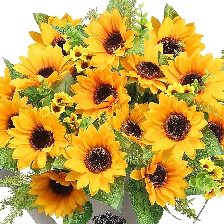 AmyHomie Artificial Sunflowers for Outdoors - 2 Bunches Fake Sunflower Bouquets with 14 Large Blooms, UV Resistant Silk Flowers for Home Wedding Fall Decor, Garden Party Centerpieces, 17.7 Inches