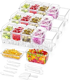 Lifewit 3 Pack Taco Bar Serving Set for Party with 5 x 20 oz Containers & Components, Ice Chilled Condiment Caddy Organizer, Garnish Serving Tray Platter for Mimosa Bar Accessories, Fruit, Salad, Food