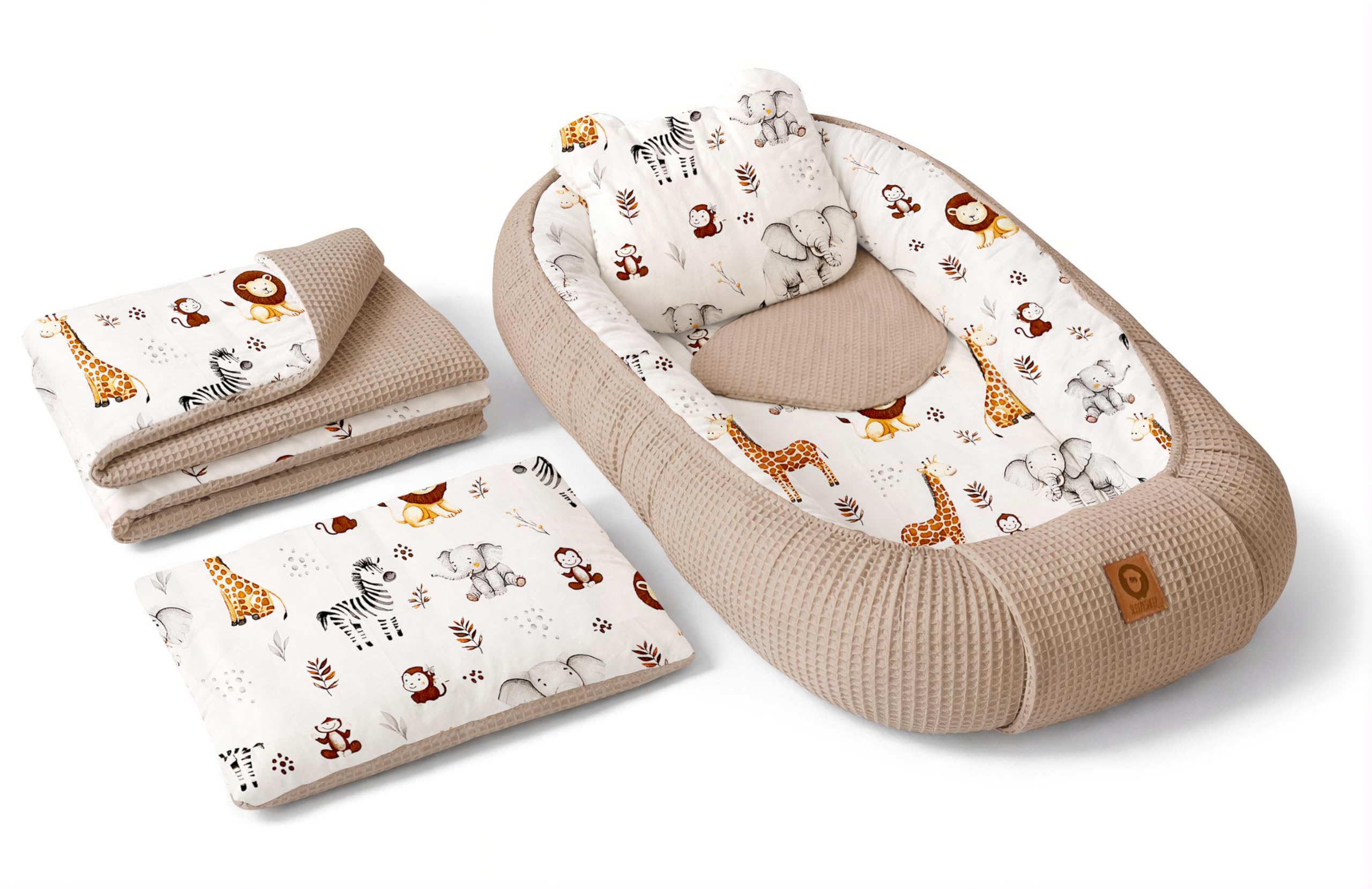 Babynest Nestchen Baby Set für Neugeborene – 5-teilig – Kuschelnest aus 100% Baumwolle & Waffelpique – Babykokon tragbar – für Babybett, Kinderbett & Kinderwagen – OEKO-TEX - ZOO und Braun