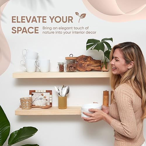 Vista 4 de Homeforia Estantes flotantes de madera de 36 pulgadas, estante flotante grande de madera natural maciza de alta gama de 36 pulgadas, estantes