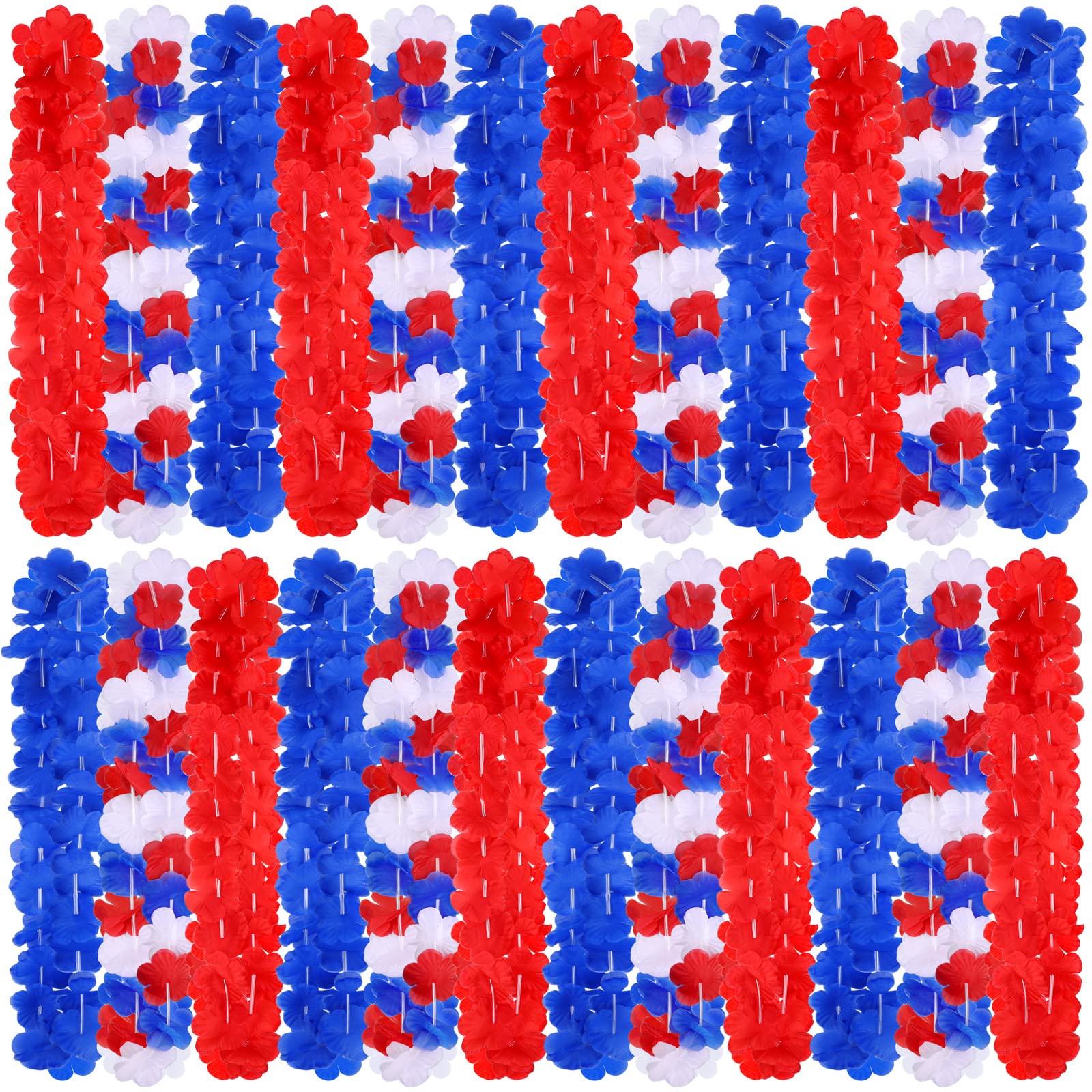 Colliers de fleurs patriotiques Fovths : lot de 24 leis hawaiens rouge blanc bleu pour fete