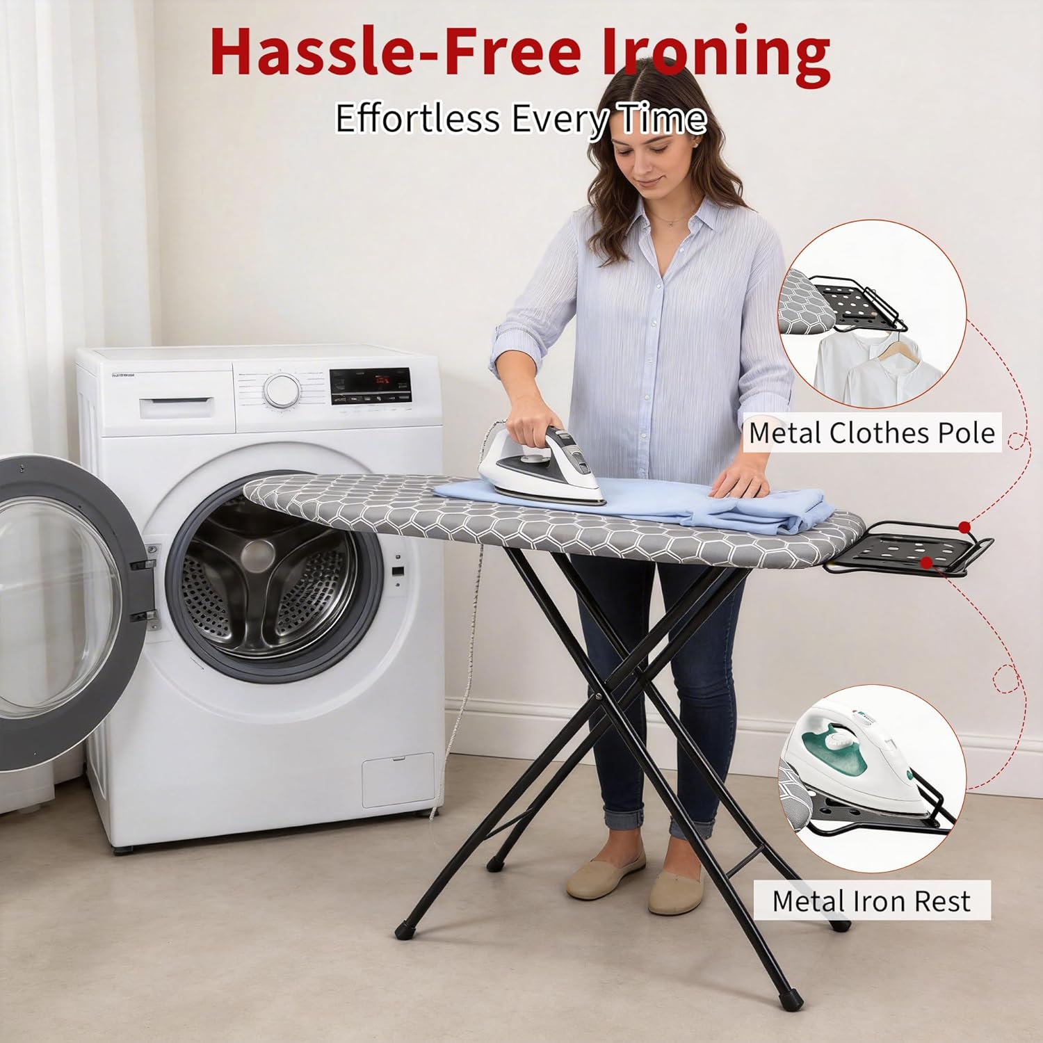 Ironing Board with Metal Iron Rest and Built-in Hook, 7 Adjustable Heights, 43" ×13" Standard Size Iron Board with 4-Layer Heat Resistant Cover and Pad for Home Apartment Laundry, Gray